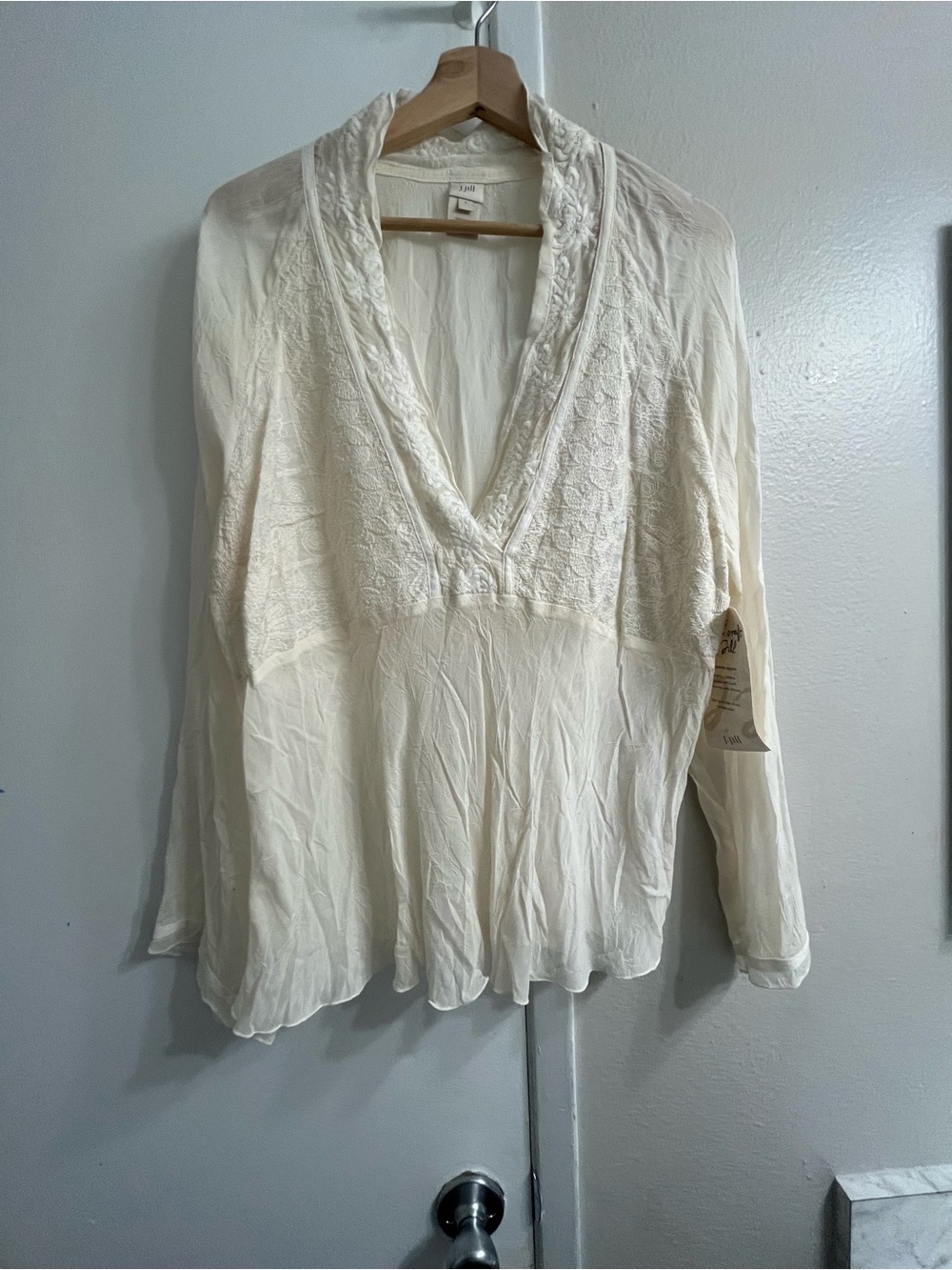 J. Jill Cream V-Neck Embroidered Blouse